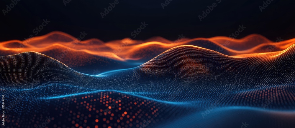 Poster abstract digital landscape featuring glowing lines and circuitry with ample empty space for text pla