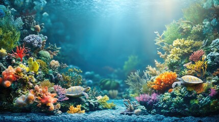 Obraz premium Vibrant sea turtles gliding through a coral reef with a serene underwater ambiance and clear space for text or branding.