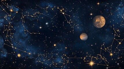 Naklejka premium Stunning Wide Shot Photo: Celestial Bodies Gracefully Orbiting in a Deep, Starry Night Sky. AI Generated