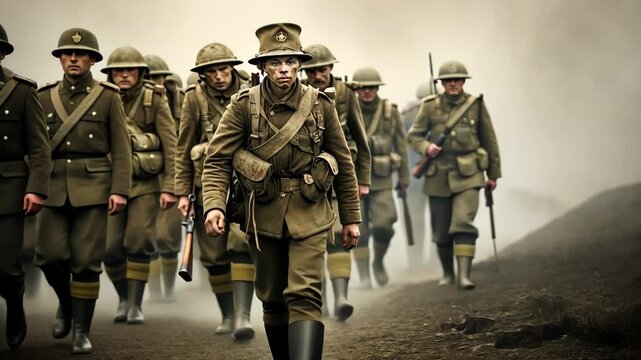 A platoon of soldiers in World War I-era uniforms marches through a foggy battlefield, their faces grim and determined