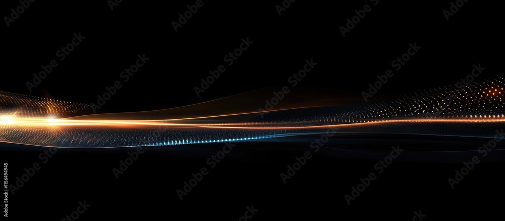 Poster abstract digital network design on dark backdrop with light trails and space for text or branding in