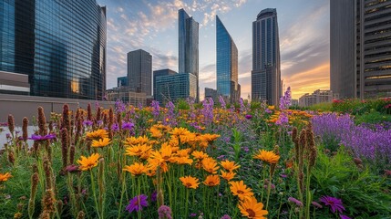Fototapeta premium Vibrant wildflowers bloom in foreground of modern city skyline at sunset.