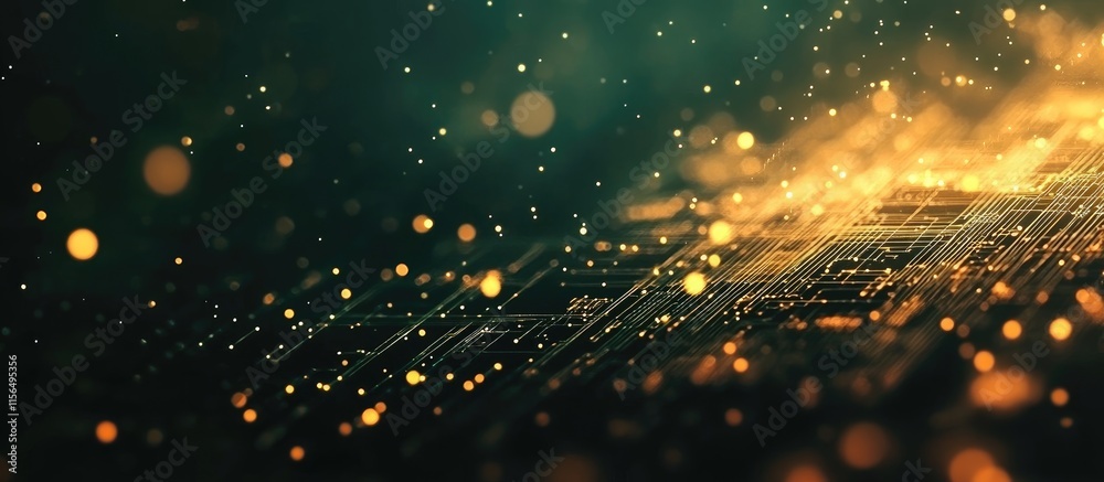 Poster abstract digital circuitry background with glowing particles and empty space for text overlays in te