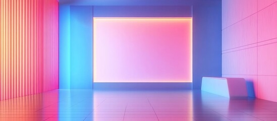 Obraz premium Futuristic abstract meeting room 3D illustration with colorful ambient lighting and empty display screen for creative text placement