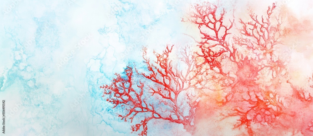 Poster coral texture abstract watercolor background with fluid patterns and ample space for text placement 
