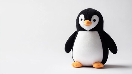 Cuddly penguin plush toy on white background with soft texture and ample space for text or design elements in advertising or marketing materials