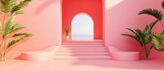 Fototapeta premium Coral Pink Color Trend Modern Architectural Design with Steps and Tropical Plants Empty Space for Text and Inspired Interiors