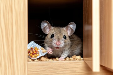 Obraz premium The rat is secretly eating food in the pantry