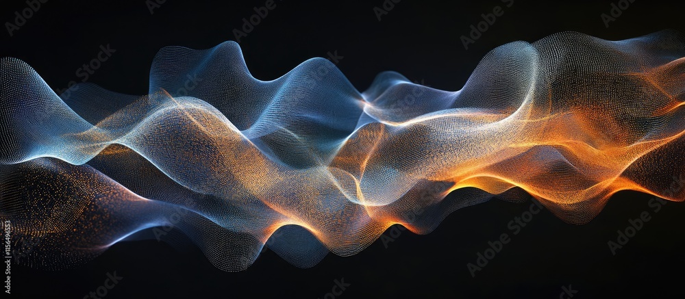 Poster dynamic flowing waves of particles in orange and blue representing data structures and information n