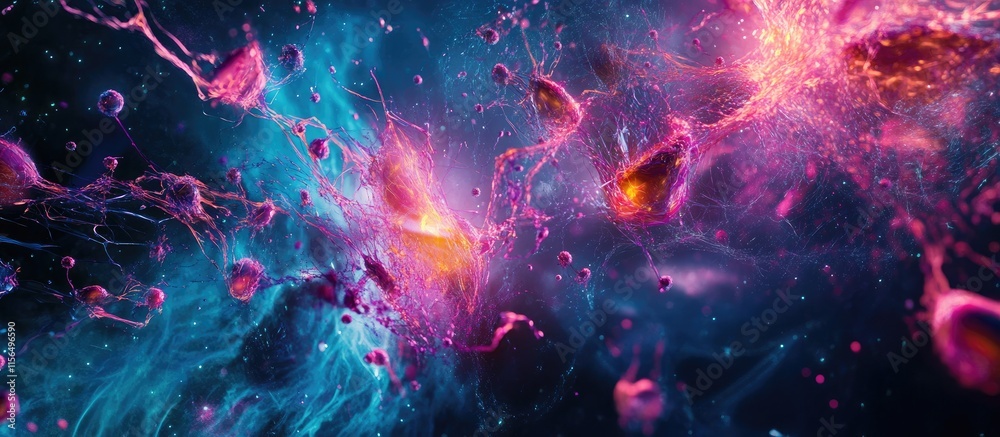 Poster futuristic abstract digital data dispersing into vibrant particles against a neon background represe