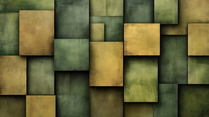 Digital Painting: Subtly Textured Green and Gold Squares, Abstract Geometric Illustration. AI Generated