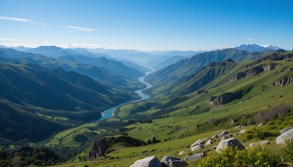 Fototapeta premium Serene Mountain Valley River Landscape With Lush Green Hills