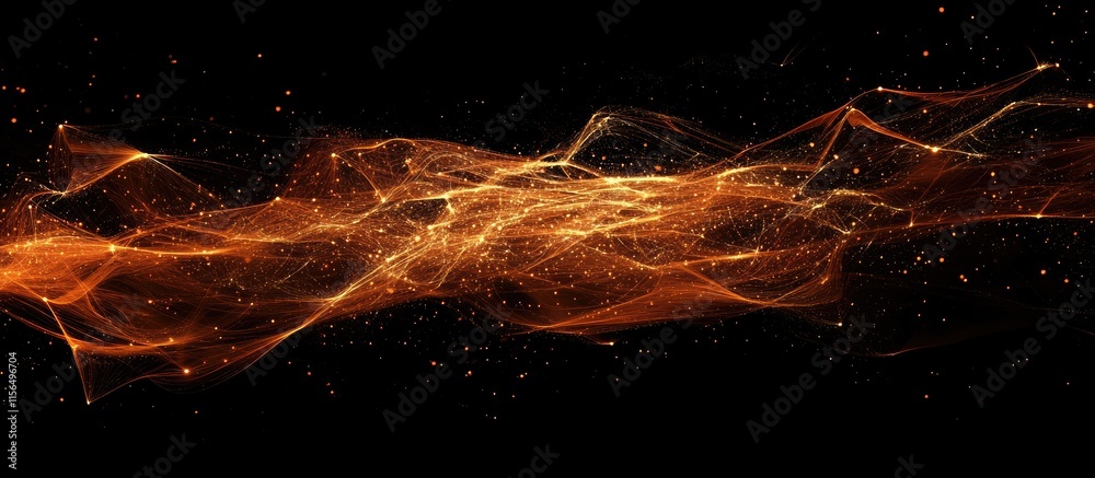 Poster Abstract flowing wave of orange light particles on dark background with empty space for text or design elements in digital network concept