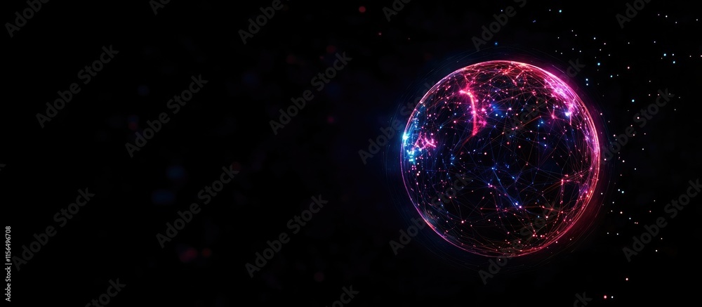 Poster abstract digital globe with glowing connections on dark background with space for text and creative 