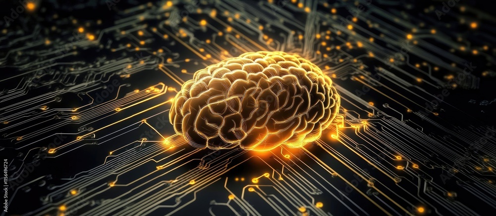 Poster abstract digital circuit board background featuring neural networks and a glowing brain design with 