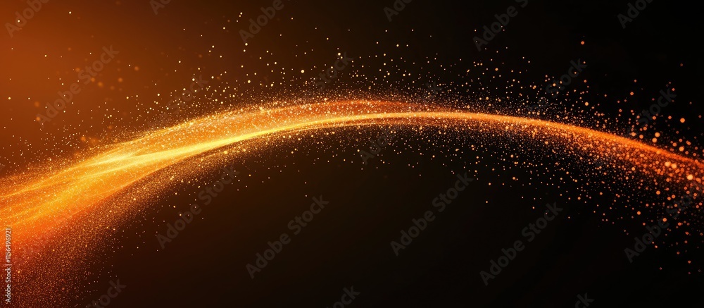 Poster dynamic flowing wave of particles creating curved effect with space for text overlay in warm golden 