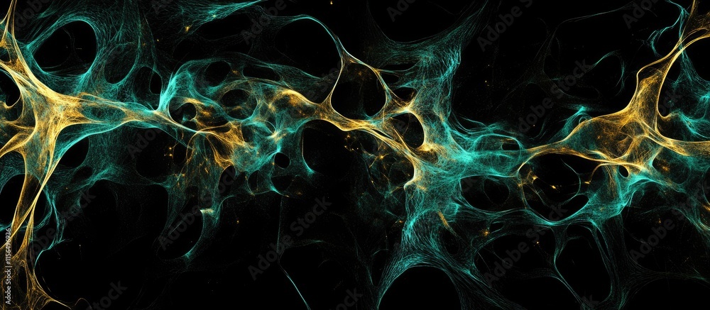 Poster dynamic abstract neural network illustration with vibrant colors and copyspace for text on black bac