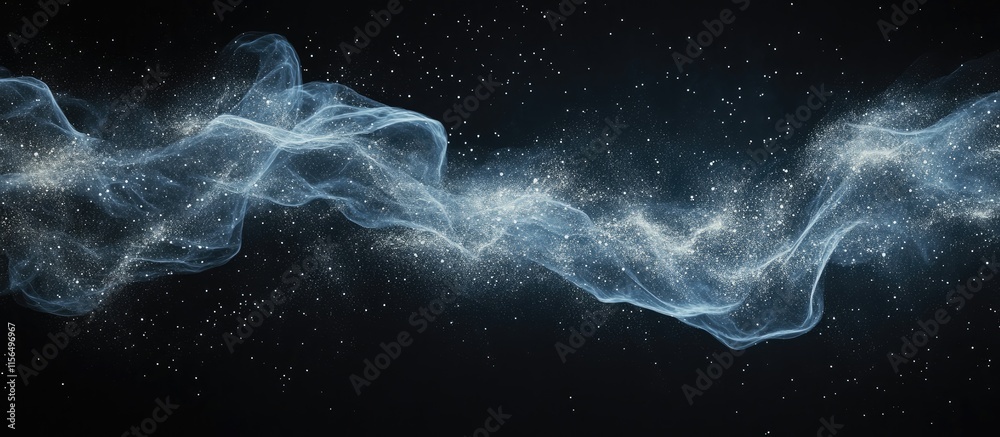 Poster abstract ethereal dust particles on dark background creating a sense of depth with negative space fo