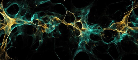 Naklejka premium Dynamic Abstract Neural Network Illustration with Vibrant Colors and Copyspace for Text on Black Background