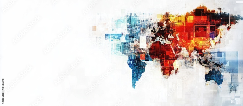 Poster global challenges abstract digital collage featuring colorful map design with empty space for custom