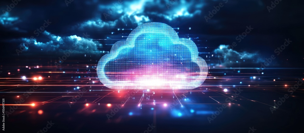 Poster abstract cloud network technology visual with digital transformations and space for custom text crea
