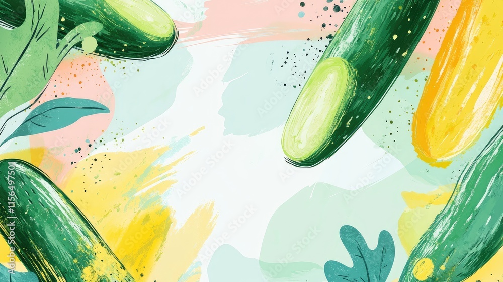 Poster cucumber doodle background with floating green elements and space for text in pastel colors