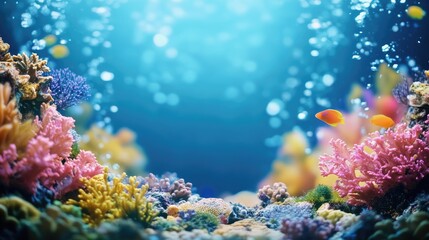 Obraz premium Vibrant underwater scene featuring a colorful sea turtle swimming through a coral reef with a serene blurred background for text placement
