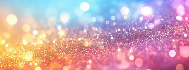Pastel rainbow glitter background featuring a soft bokeh effect, creating an enchanting and dreamy ambiance. Ideal for creative projects, event invitations, and whimsical designs.