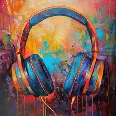 Black headphones surrounded by vivid light trails, glowing sparks, and abstract effects on a dark background, concept of music energy.