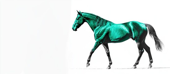 Obraz premium Black phthalo green horse gracefully walking on white background with ample copy space for professional industry exhibition and marketing use