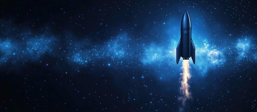 Black rocket launching into space with vibrant cosmic background and ample blank space for customized text or promotional messages - Powered by Adobe