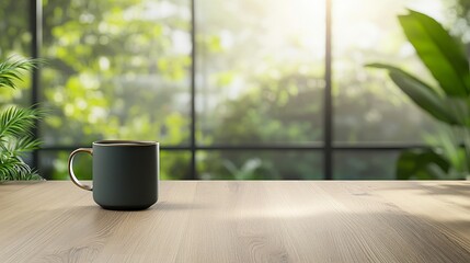 Serene Coffee Moment: A Green Mug on a Wooden Table Surrounded by Lush Indoor Plants and Natural Light Streaming Through a Large Window
