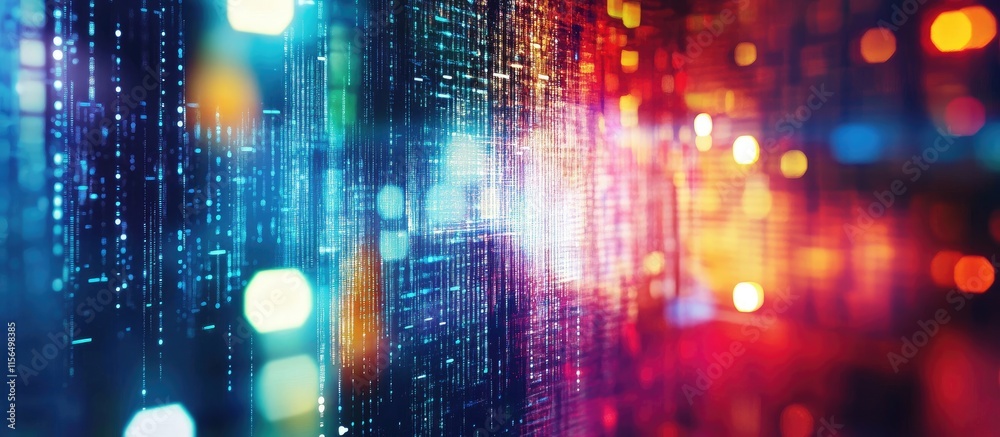 Poster vibrant abstract digital glitch art with data distortion and colorful bokeh effect featuring space f