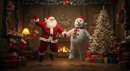 Santa Claus hugging, and having great time in Christmas season, Christmas post card