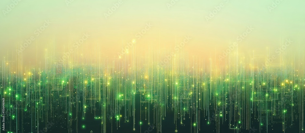 Poster abstract digital circuit board background with glowing green lines and soft gradient for text placem