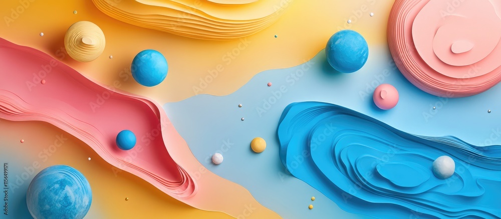 Poster aerial view of vibrant colorful planets in motion against a soft gradient background with space for 