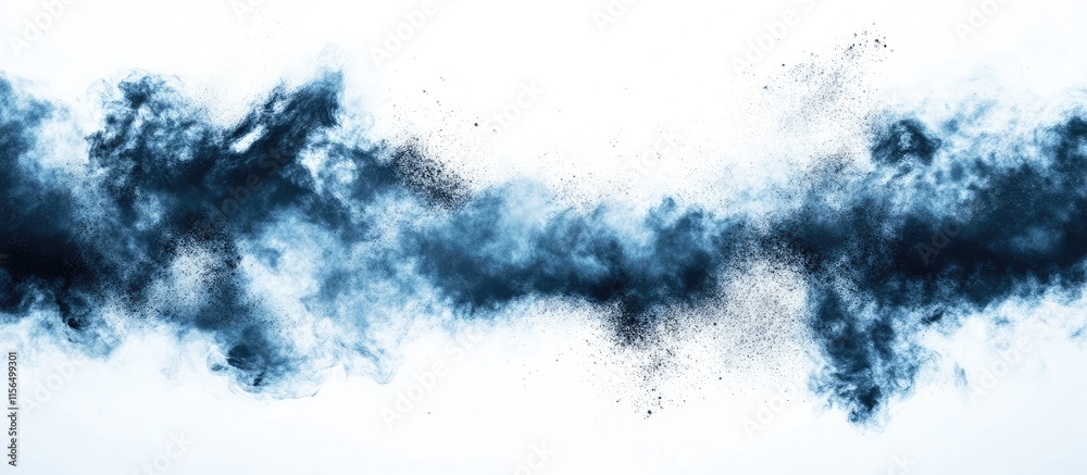 Poster abstract blue powder explosion creating dynamic motion with blank space for text or graphics on a wh