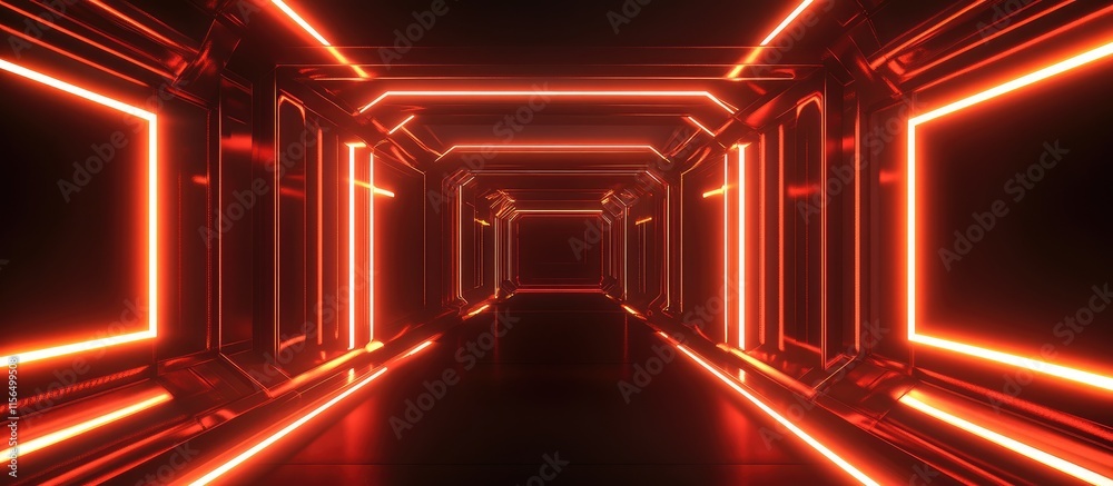 Poster futuristic digital tunnel illuminated with glowing lines and lights creating an empty space for text