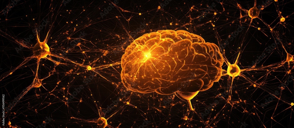 Poster glowing abstract brain neurons network technology representing artificial intelligence on a black ba