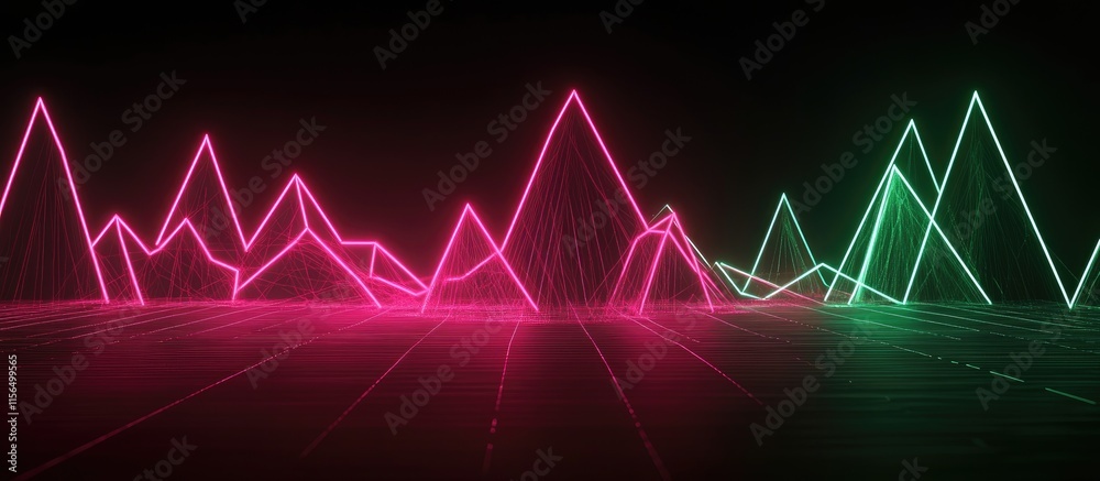 Poster Neon abstract digital graph with glowing lines on dark background representing pulsing rhythm and dynamic data visualization with copyspace