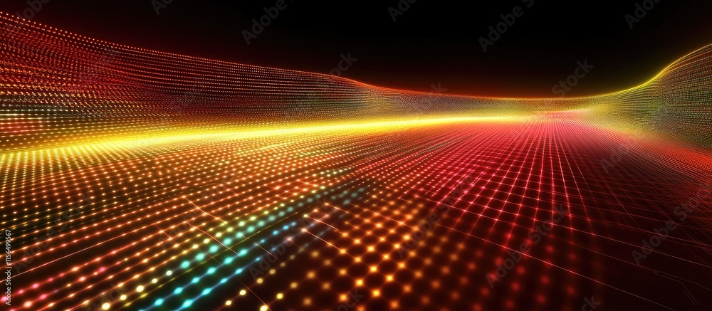 Poster vibrant abstract digital landscape with flowing network data patterns and illuminated dots ideal for