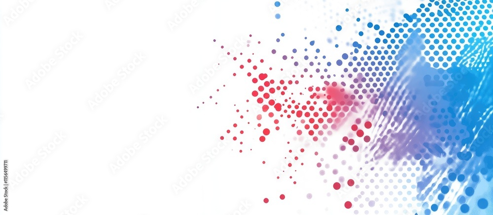 Poster vibrant abstract digital background featuring blue and red halftone dots with dynamic shapes and amp