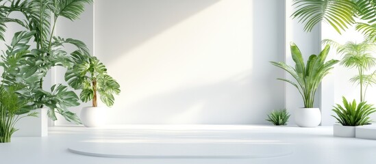 Minimalist interior room design featuring white walls open to outdoor elements with ample copyspace for text and vibrant green plants