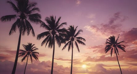 Obraz premium Tranquil beach scene at sunset, showcasing palm trees against a backdrop of pink, purple, and gold skies. 