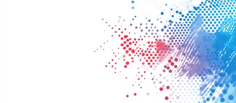 Vibrant abstract digital background featuring blue and red halftone dots with dynamic shapes and ample space for text insertion