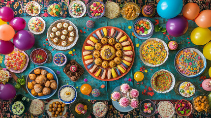 Festive Party Table with Treats, Balloons, and Colorful Decorations – Overhead View