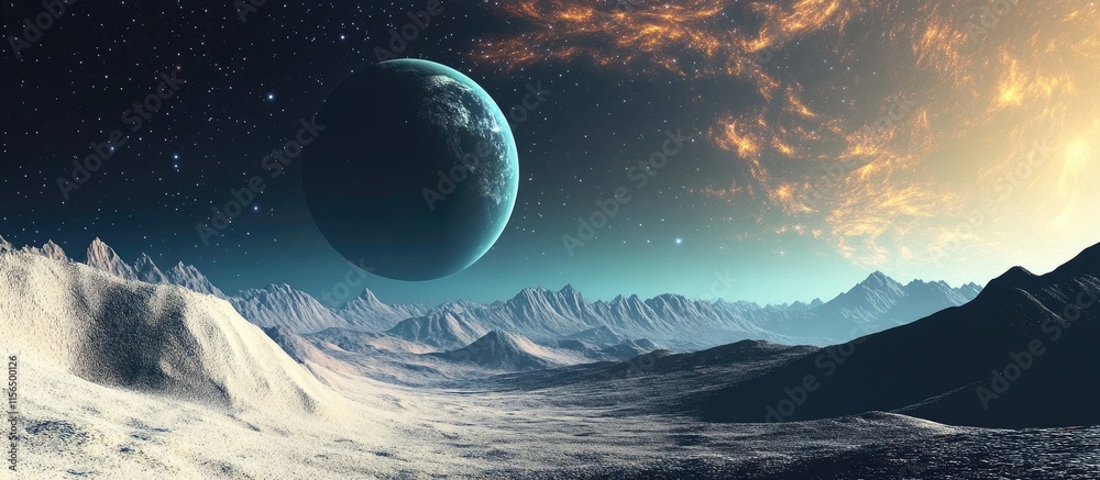 Poster vast abstract digital landscape in space with celestial bodies and empty copyspace for text usage