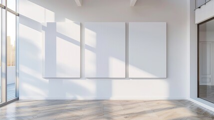 Obraz premium A minimalist art gallery with three blank canvases on a bright, spacious wall.