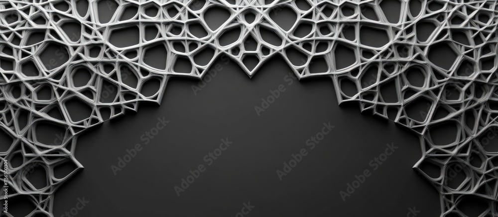 Poster 3D rendering of intricate geometric patterns with dark background and ample space for text or branding elements in a creative layout