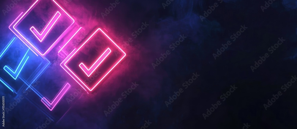 Poster 3d neon check marks in vibrant colors on dark background with space for custom text or branding